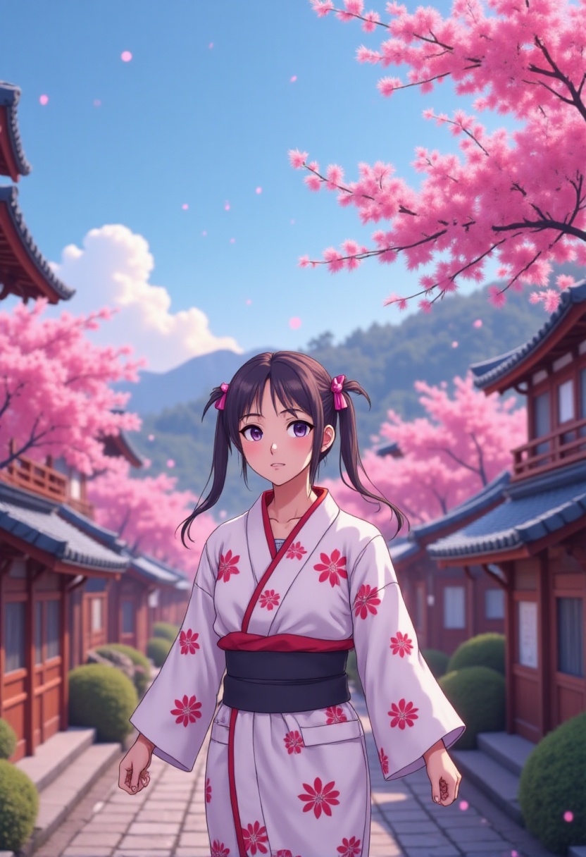 close-up,  a young girl walking down a traditional Japanese street. She is dressed in a white kimono adorned with red flor...