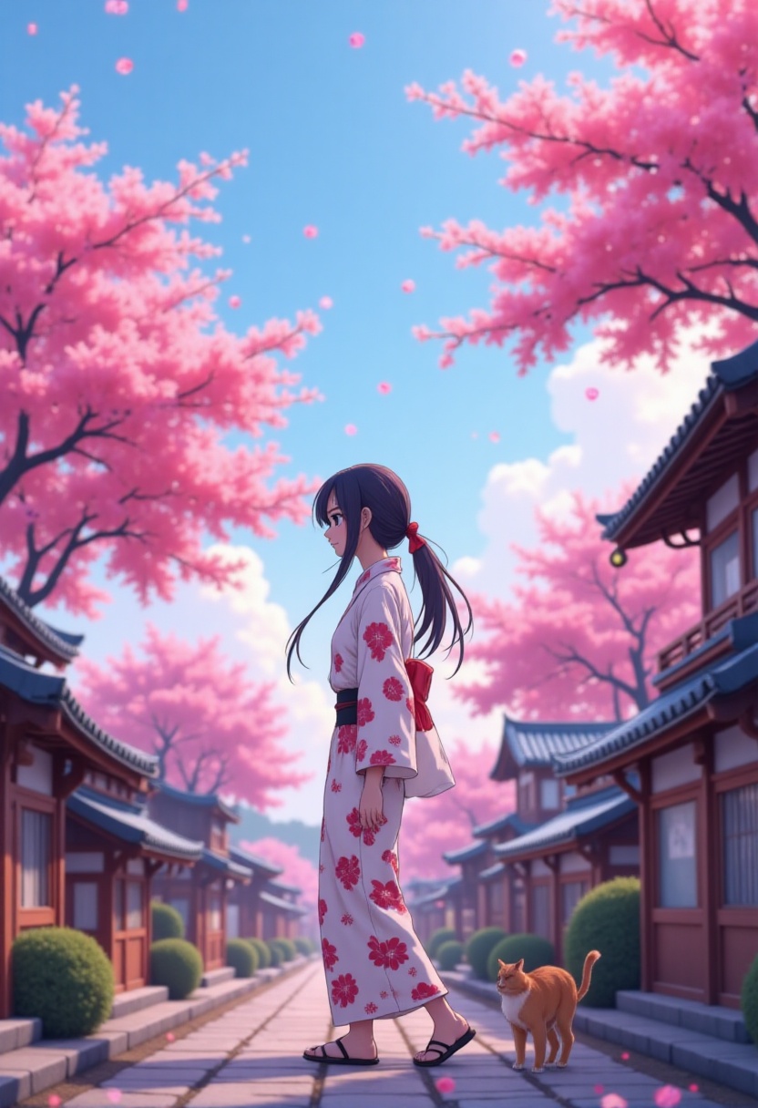 a young girl walking down a traditional Japanese street. She is dressed in a white kimono adorned with red floral patterns...