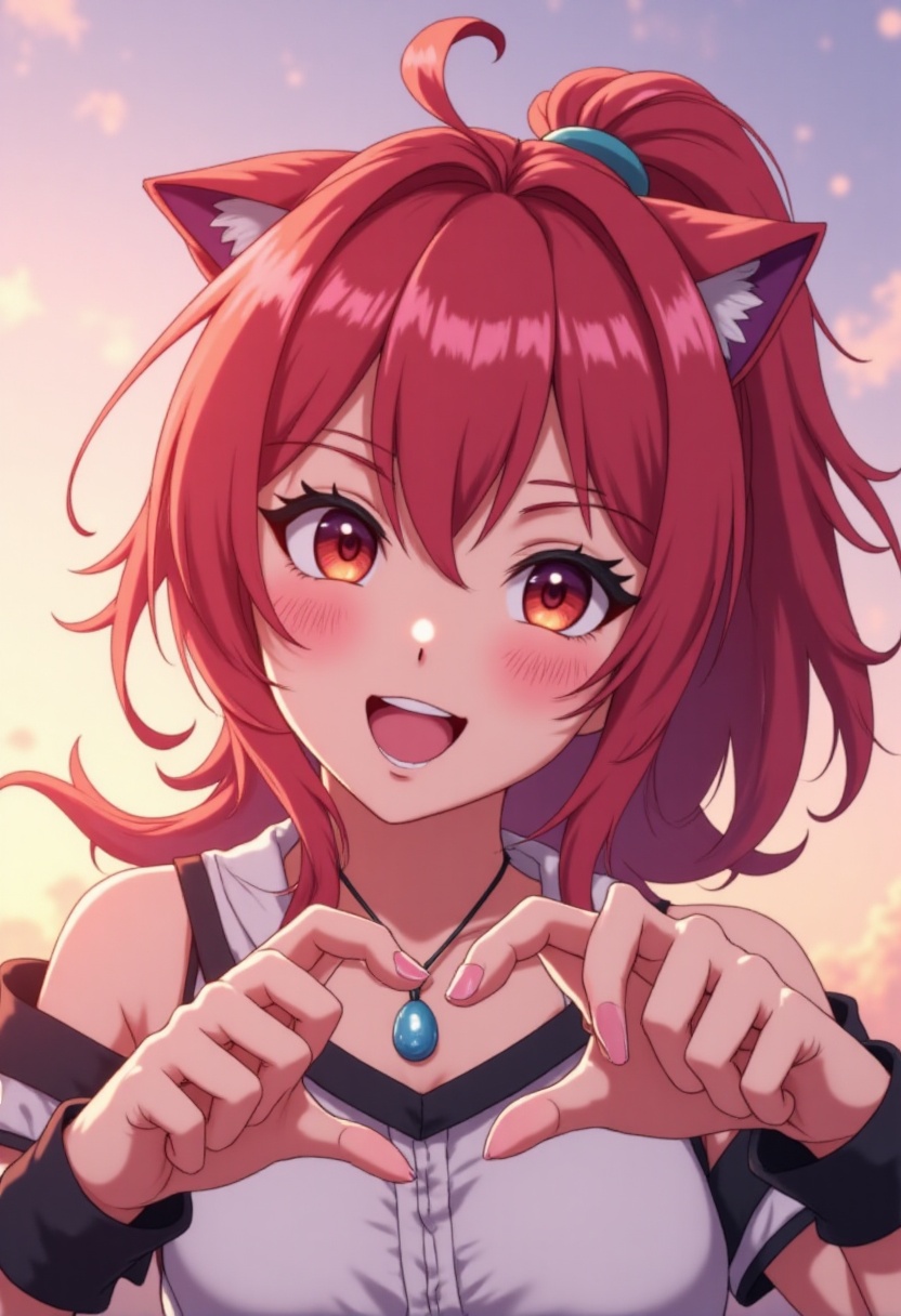 a happy,  anime petite girl with long red hair in a ponytail,  showcasing a fang. She has cat ears and wears a white dress...