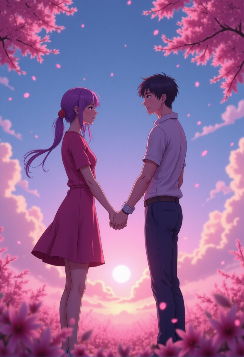 romantic anime couple holding hands under twilight sky with sakura petals. Twilight Anime Dreams on Tensor.Art