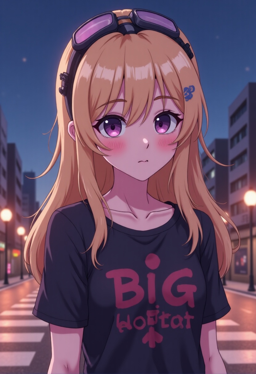 an anime-style image featuring a blush-faced girl with long blonde hair,  medium-sized breasts,  a closed mouth smile on T...