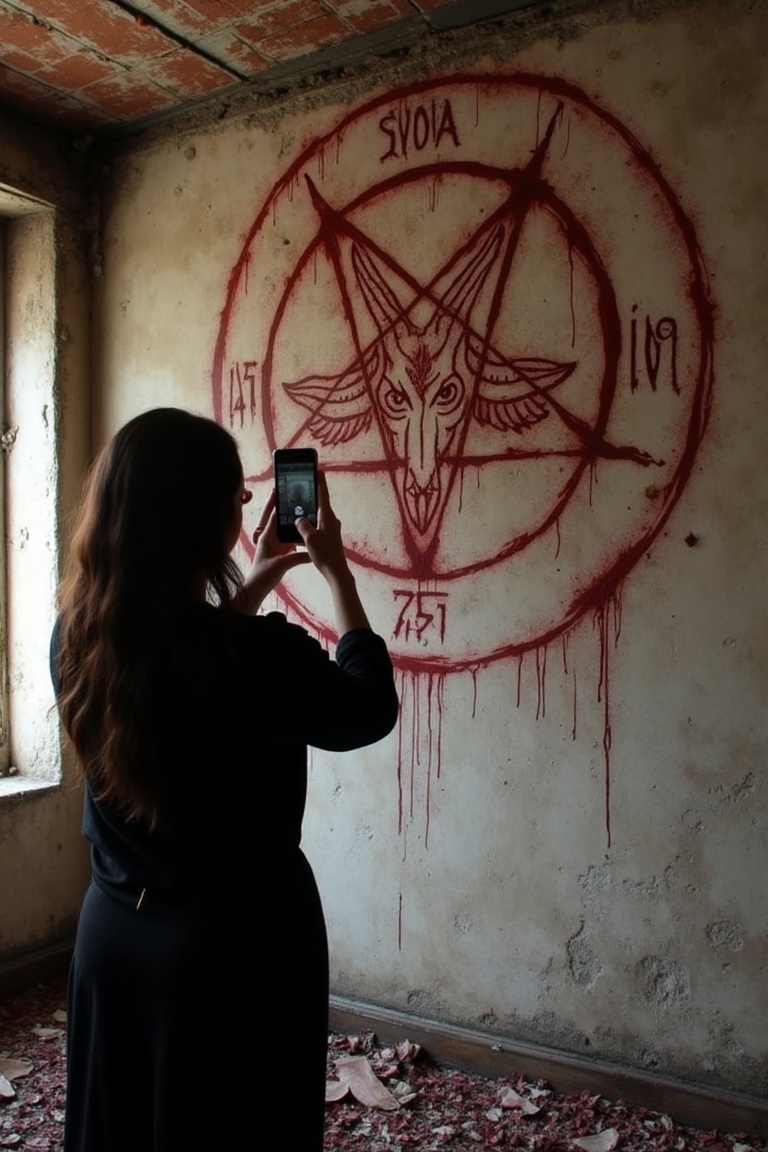 A woman inside an abandoned house,  blood painted decorated Satanic Pentagram Sigil on the wall,  the woman is holding her...