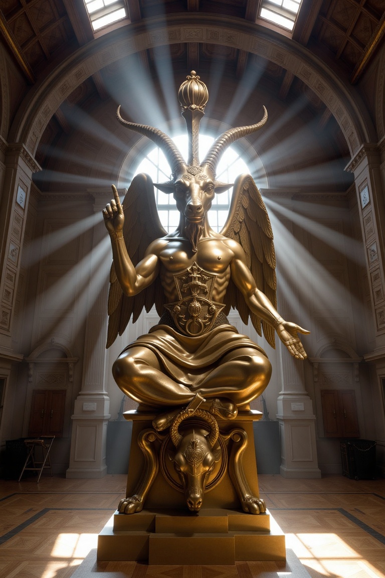 A cinematic shot of detailed golden shiny Baphomet statue,  inside a museum,  dramatic lighting on Tensor.Art