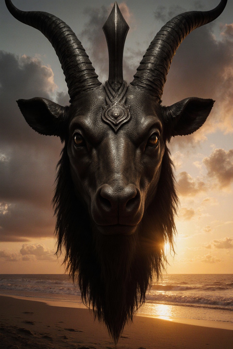 Baphomet detailed face is standing on the beach,  detailed,  sunset on Tensor.Art