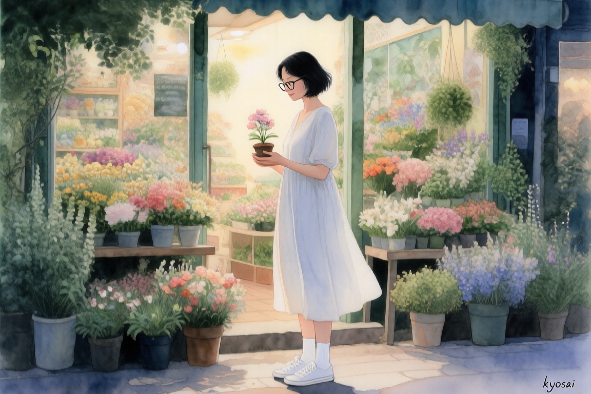 Title: "Petals of Serenity" In the enchanting embrace of the evening light,  a 25-year-old woman stands before a picturesq...