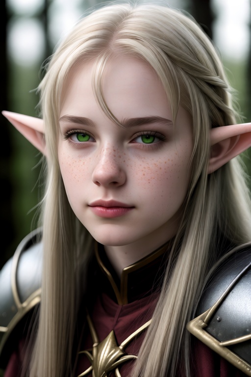 1girl solo long hair looking at viewer blonde hair closed mouth green eyes pointy ears armor blurry lips blurry background...
