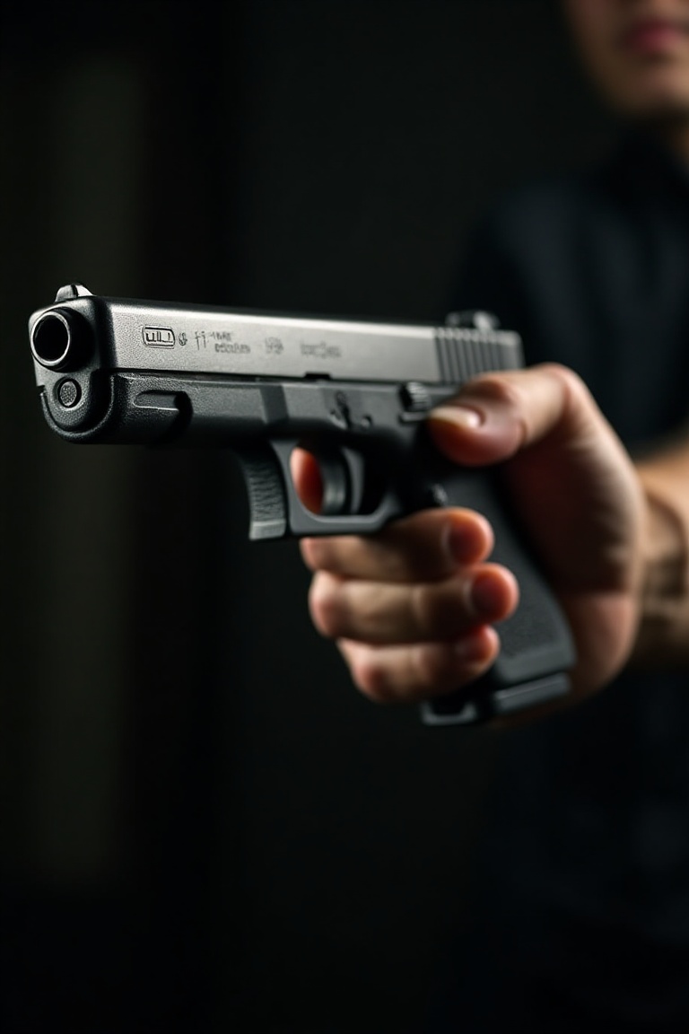 A cinematic side view shot a of a man is holding a Glock 17 detailed hand dramatic lighting,  bullets,  metallic on Tensor...