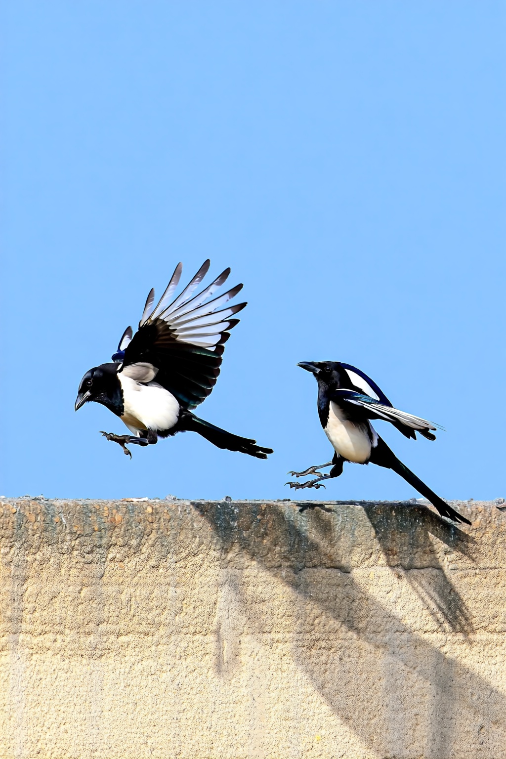 masterpiece,  Captured at eye-level on a sunny day two black and white birds are perched on a concrete ledge. The bird on...