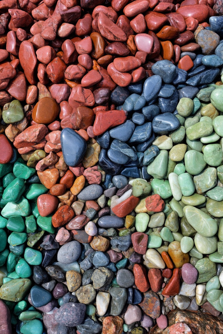 a large number of pebbles varying in size and shape are stacked on top of each other in a pile. The pebble on the right si...