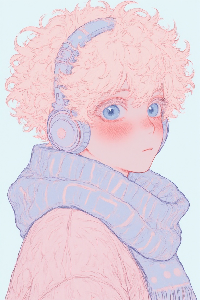 A man with short fluffy hair wears a scarf,  sweater,  hair clips on Tensor.Art