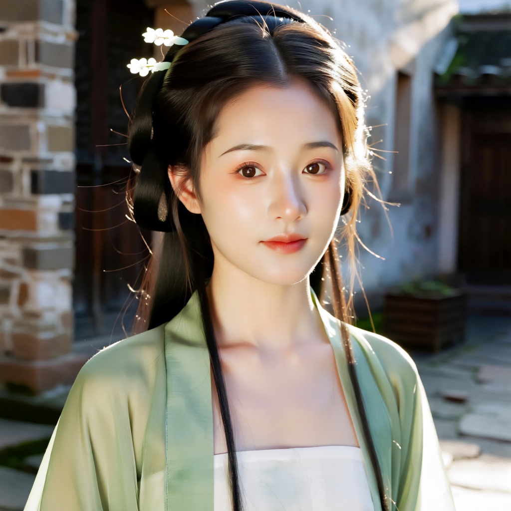 古风少女,  该图像描绘了一个年轻的女人,  穿着长长的深色头发以优雅的方式造型 on Tensor.Art