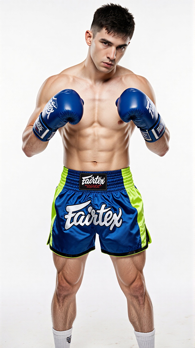 Photograph of a muscular,  shirtless Caucasian man in blue and neon green muay thai shorts with "Fairtex" branding,  white...