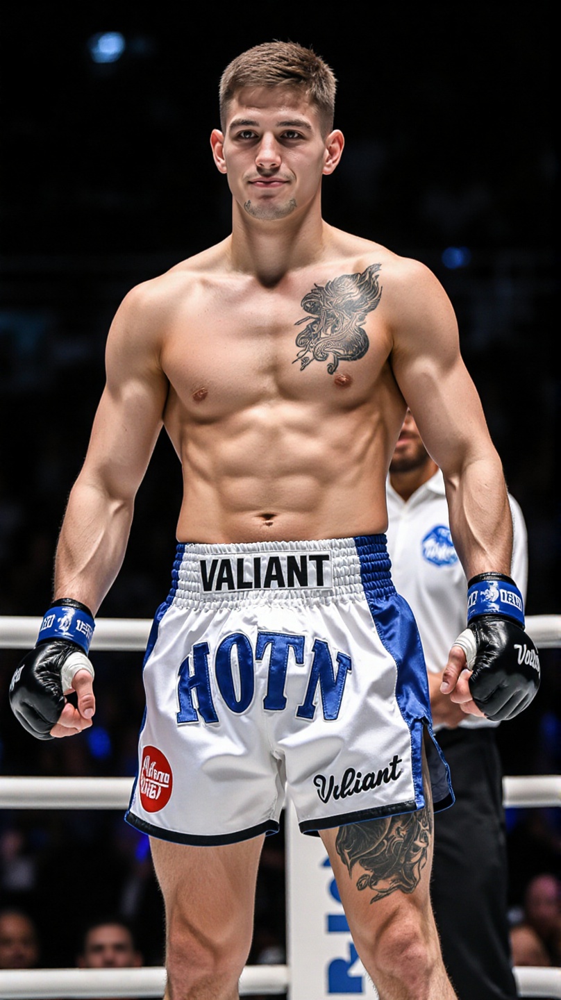 Photograph of a muscular,  shirtless male fighter in a boxing ring,  wearing white and blue muay thai shorts with "HOTN" a...