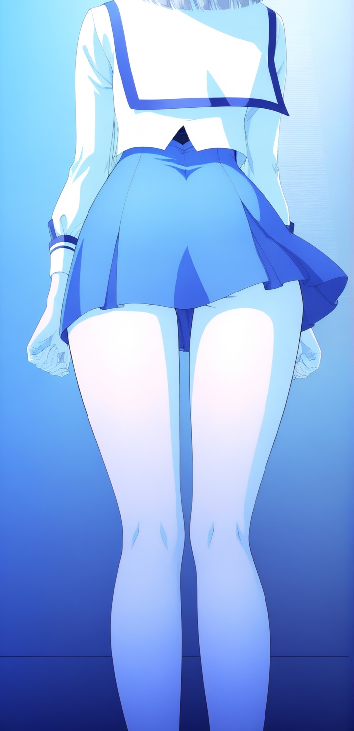 A girl with long grey hair and aqua eyes stands in a simple blue background,  wearing a blue school uniform with a white s...