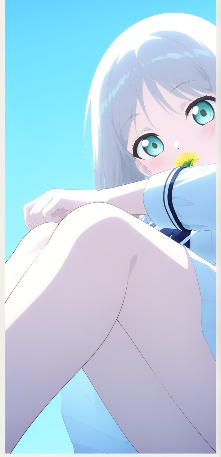 A girl with long grey hair and aqua eyes stands in a simple blue background,  wearing a blue school uniform with a white s...