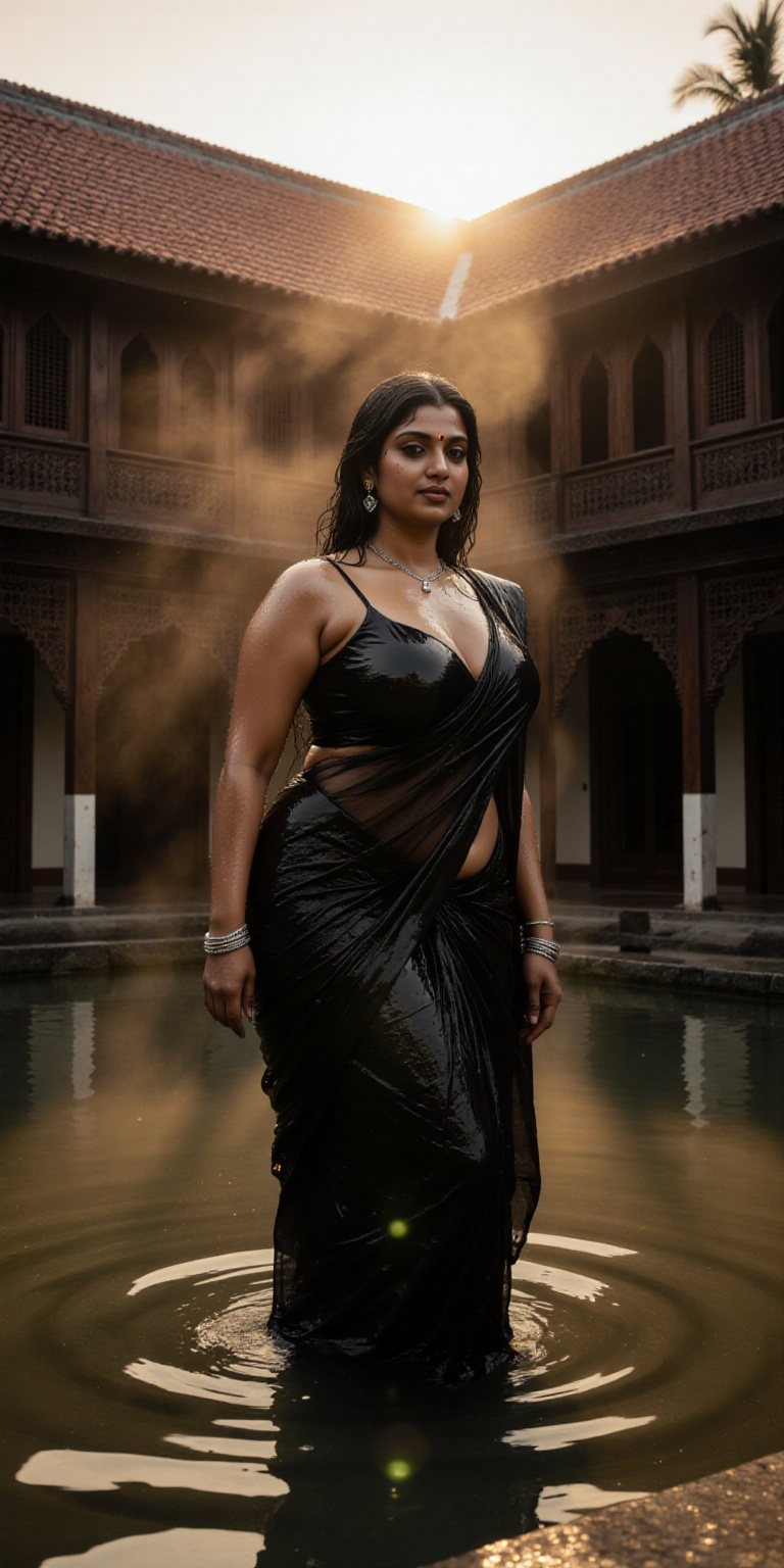 A hyper-realistic cinematic portrait of a beautiful Indian woman standing gracefully inside the courtyard of a Kerala Nalu...