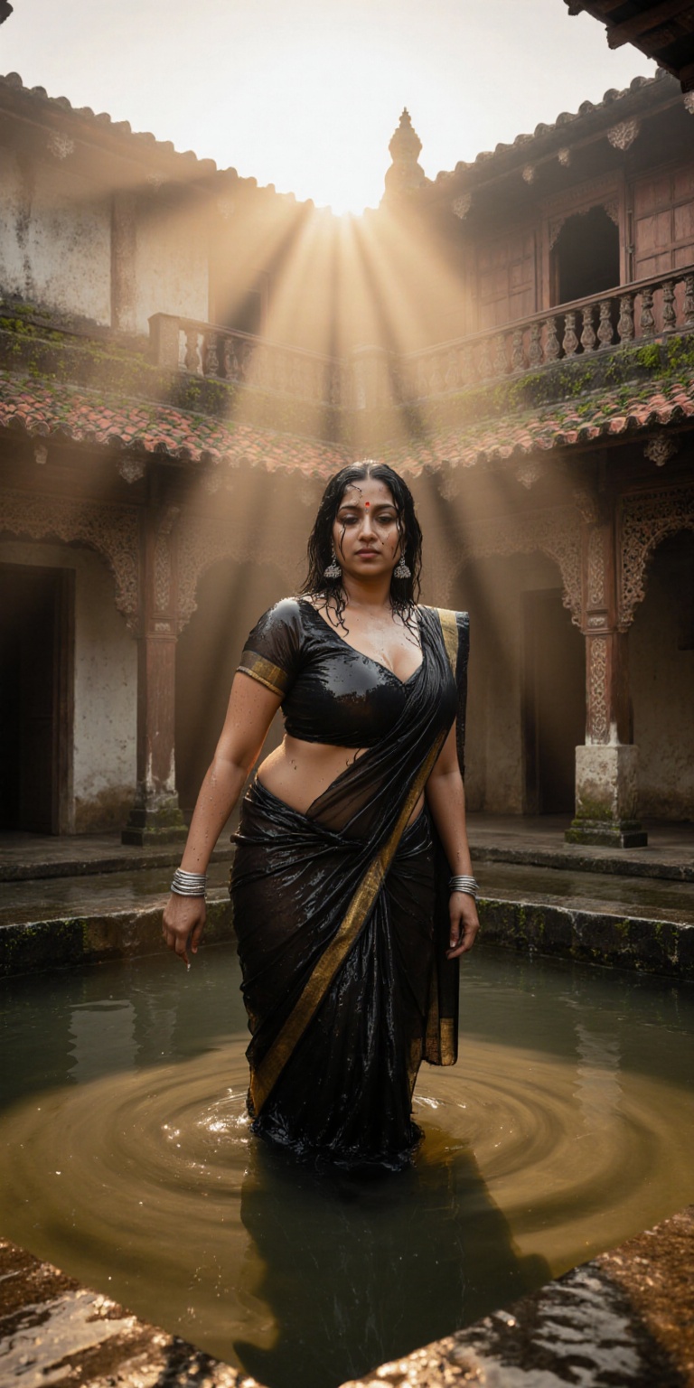 A hyper-detailed cinematic portrait in the courtyard of a Kerala Nalukettu traditional house during a fog-laden morning. T...