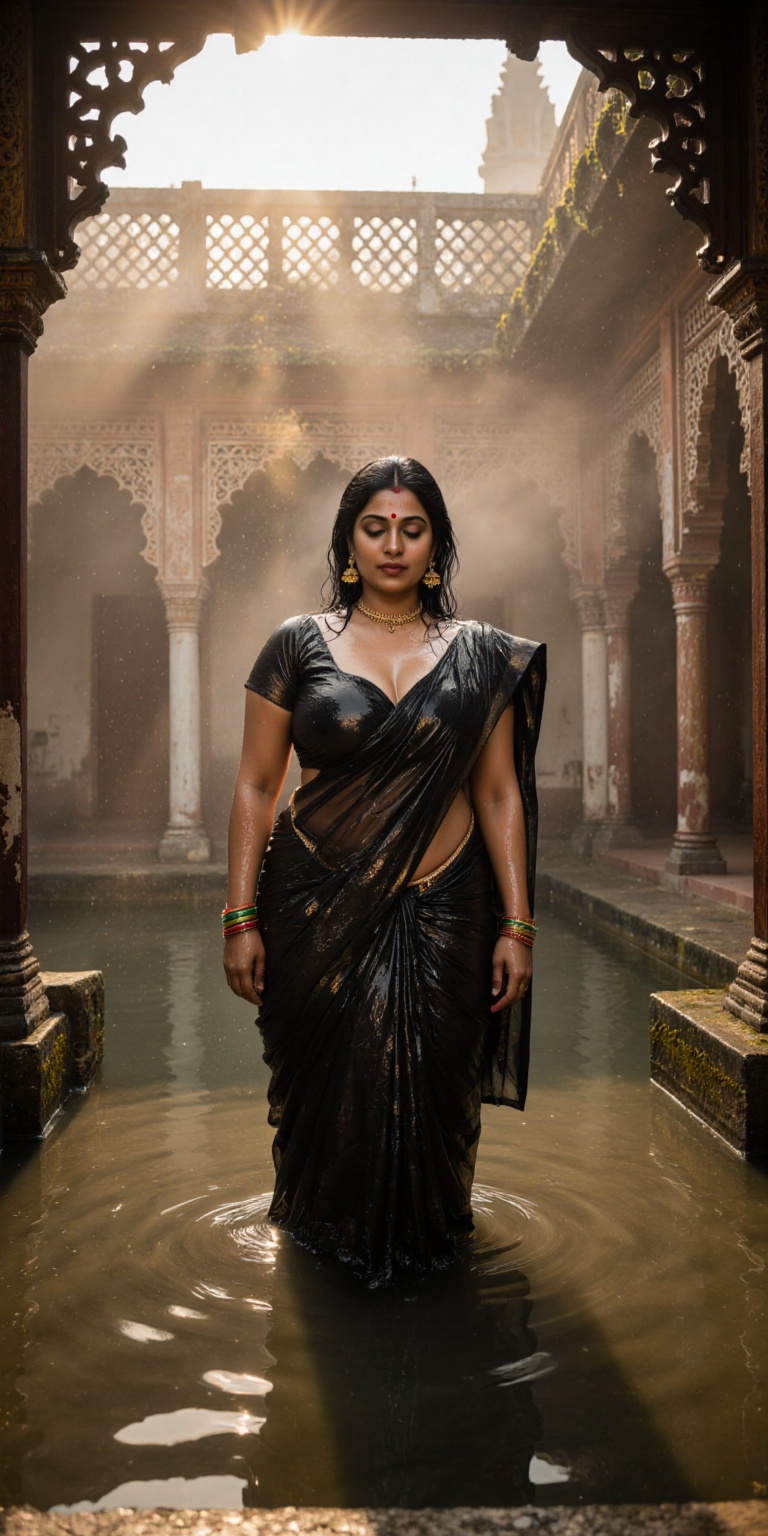 At dawn,  within the foggy courtyard of a Kerala Nalukettu vedu,  a cinematic portrait captures the timeless beauty of tra...