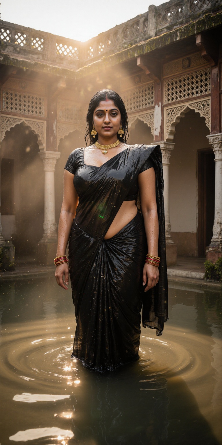 At dawn,  within the foggy courtyard of a Kerala Nalukettu vedu,  a cinematic portrait captures the timeless beauty of tra...