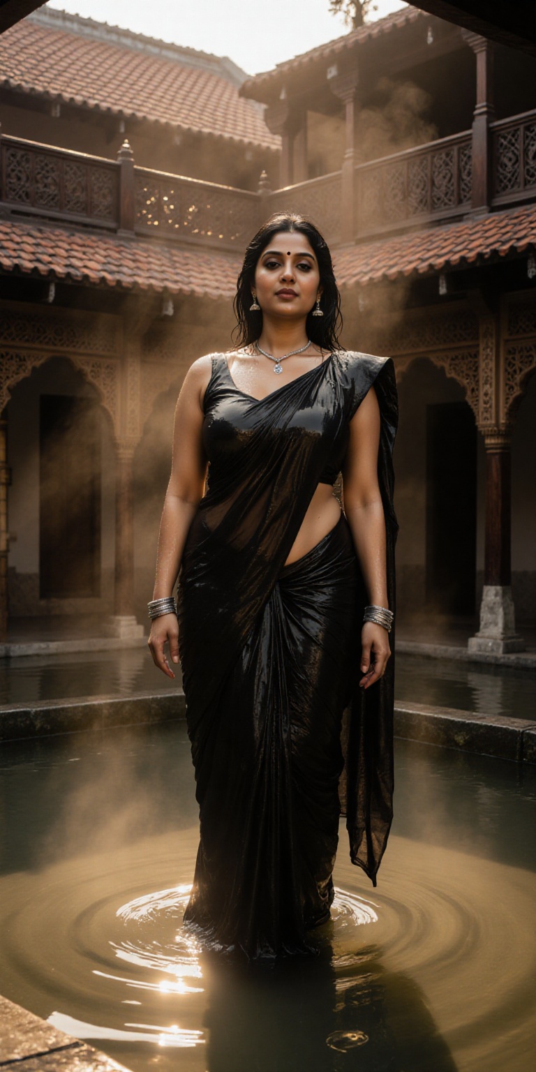 A hyper-realistic cinematic portrait of a beautiful Indian woman standing gracefully inside the courtyard of a Kerala Nalu...