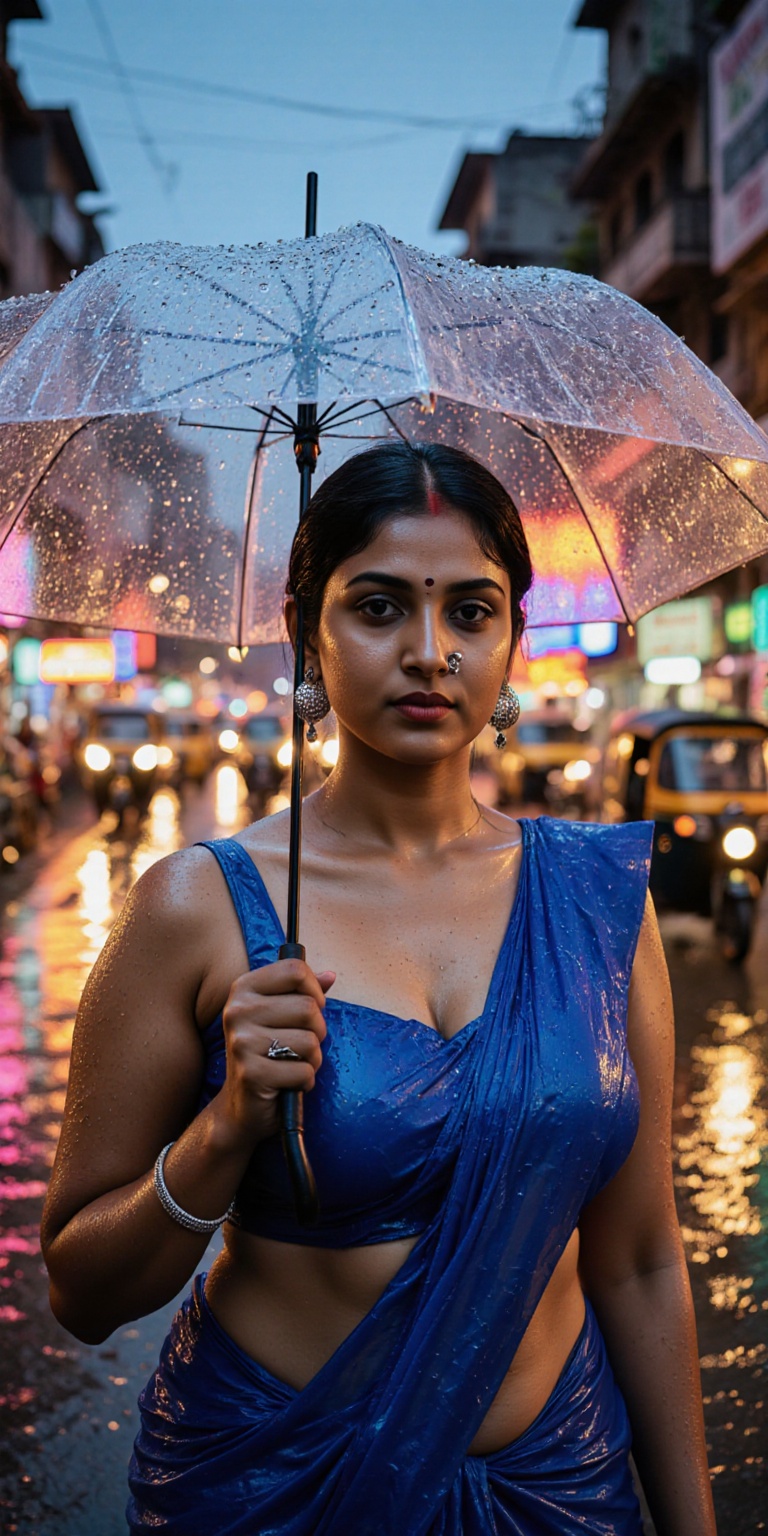 Vivid,  photorealistic portrait of a young Indian woman in Mumbai at dusk,  standing beneath glowing streetlights on a rai...