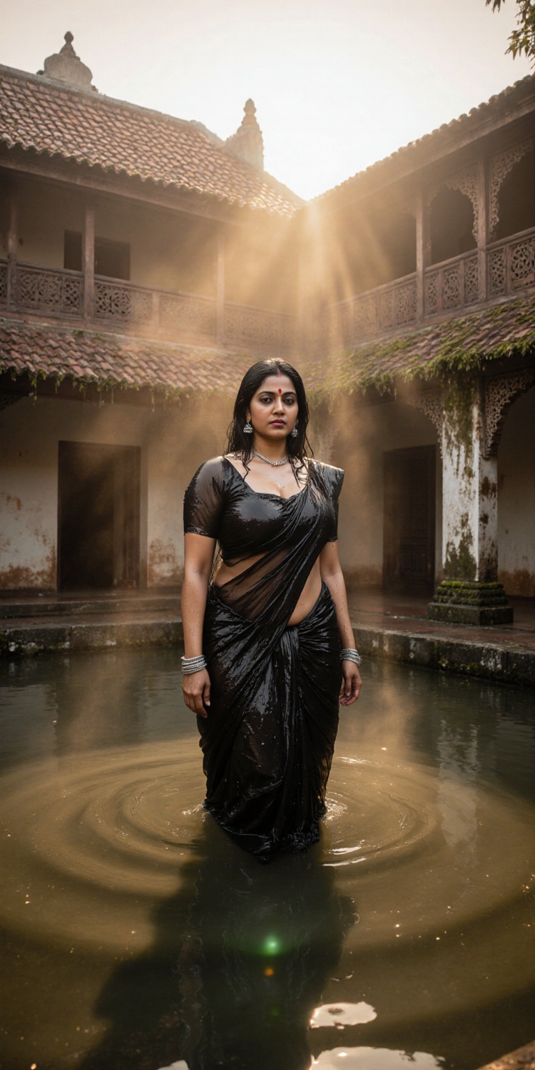A hyper-detailed cinematic portrait in the courtyard of a Kerala Nalukettu traditional house during a fog-laden morning. T...