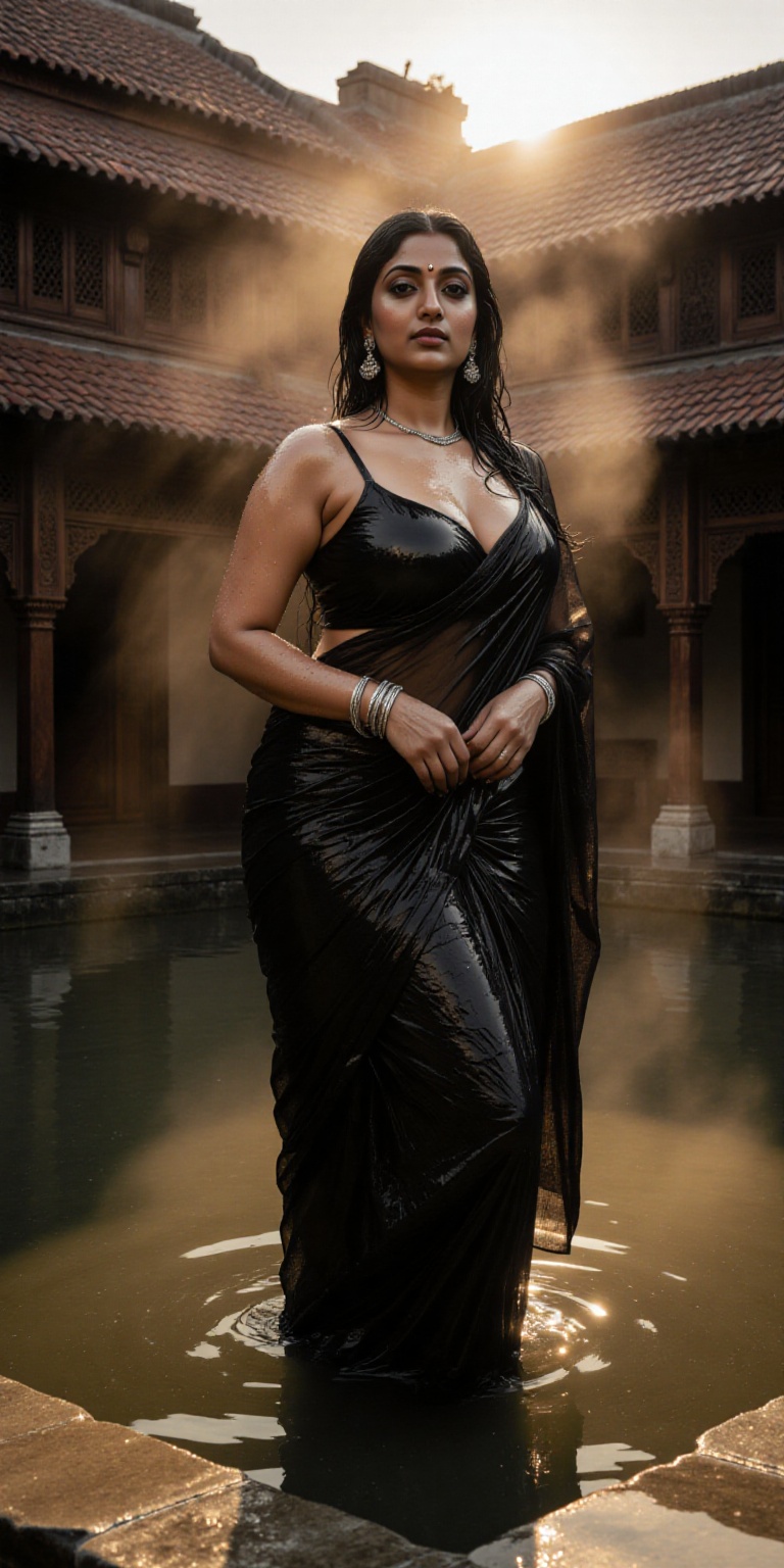 A hyper-realistic cinematic portrait of a beautiful Indian woman standing gracefully inside the courtyard of a Kerala Nalu...