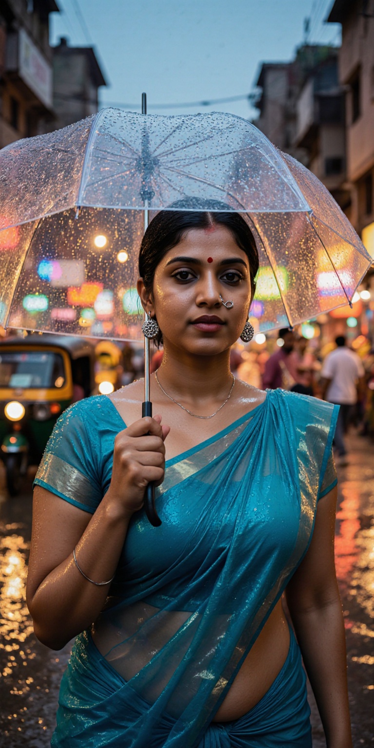 Vivid,  photorealistic portrait of a young Indian woman in Mumbai at dusk,  standing beneath glowing streetlights on a rai...