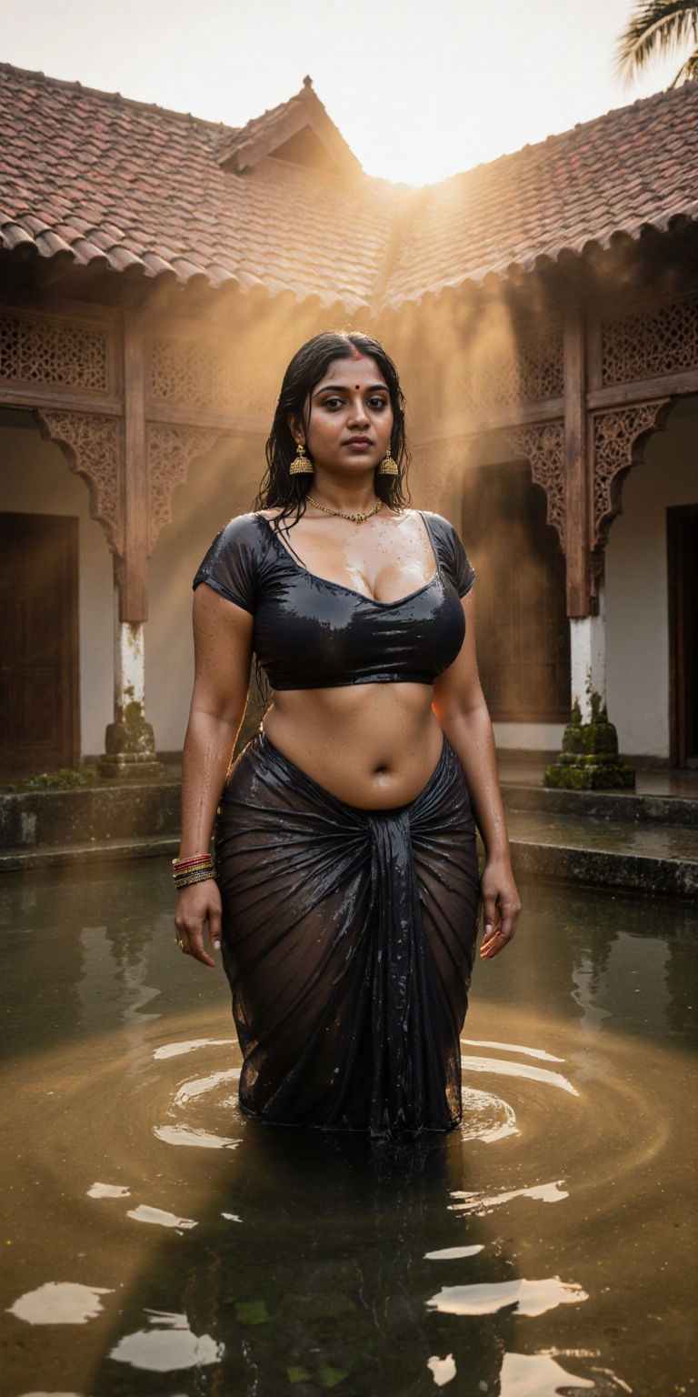 Cinematic,  photorealistic portrait of a stunning Indian woman in the inner courtyard of a Kerala Nalukettu ancestral home...