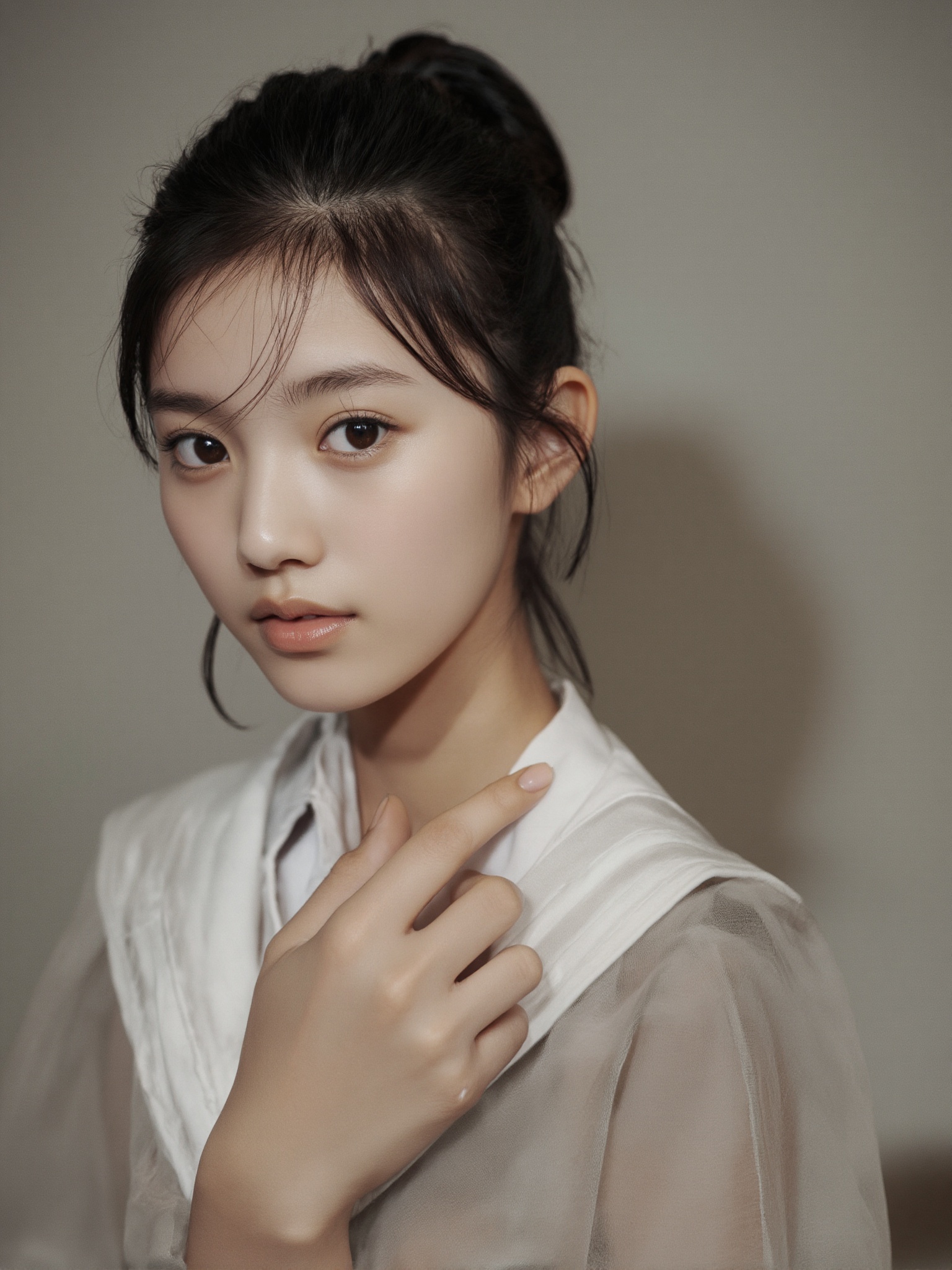 A photo of a 15-year-old actress,  ,  she is wearing a school uniform on Tensor.Art
