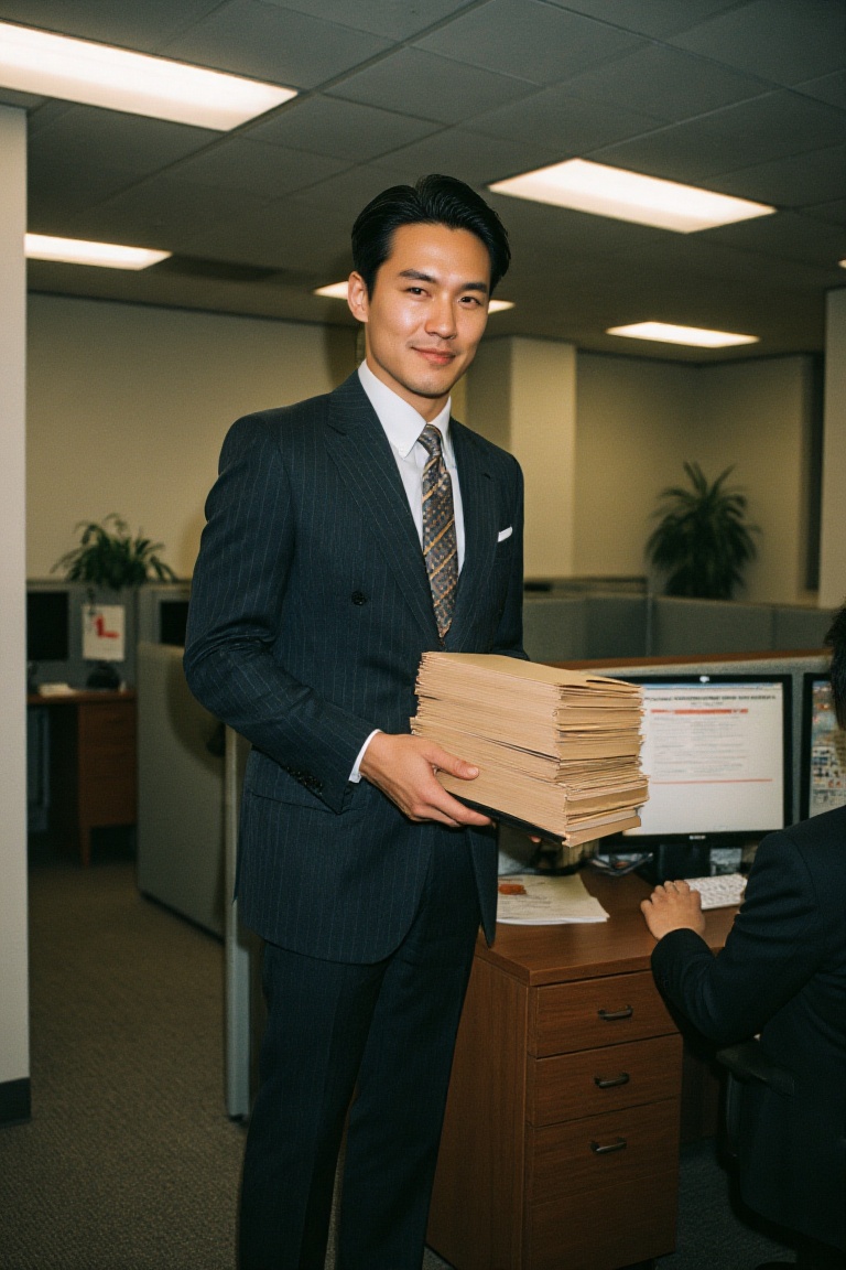 A full portrait shot,  taken with a disposable camera,  of a handsome 190cm tall asian office secretary in his 20s with a...