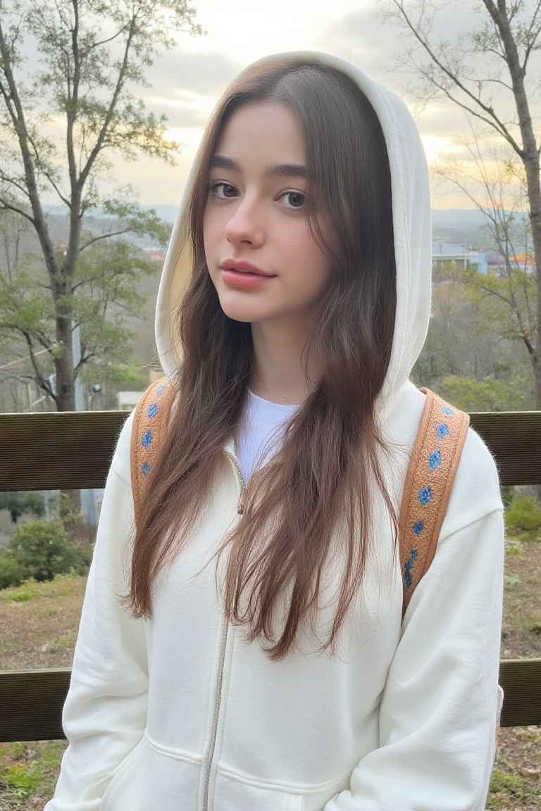 A young Asian woman with long brown hair stands in front of a wooden fence,  wearing a white hooded sweatshirt and a backp...