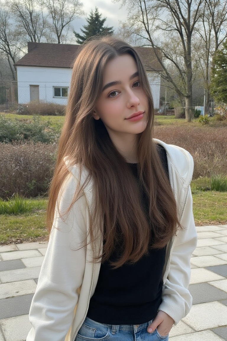 A woman with long brown hair,  wearing a white jacket and a black t-shirt,  in a gray and white checkered tiled surface. S...