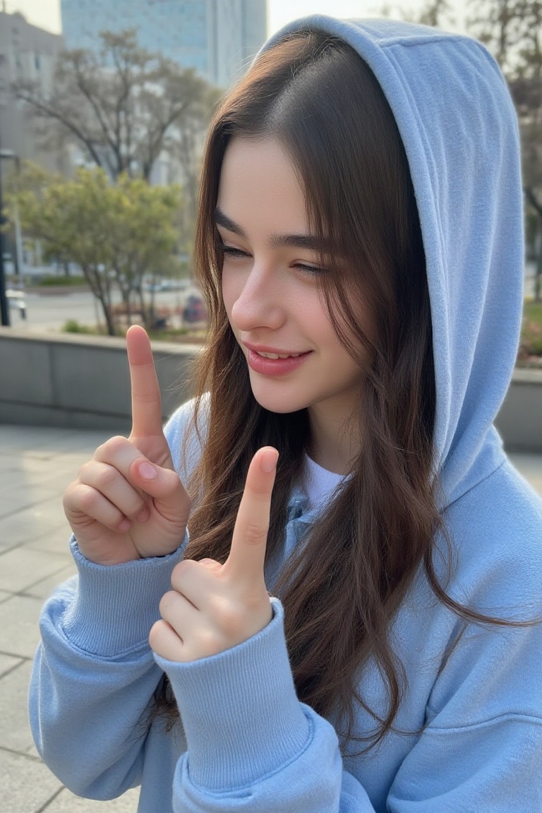 A midday scene with Kak_una wearing a blue hoodie,  her brown hair hidden beneath it. Hard sunlight creates a strong shado...