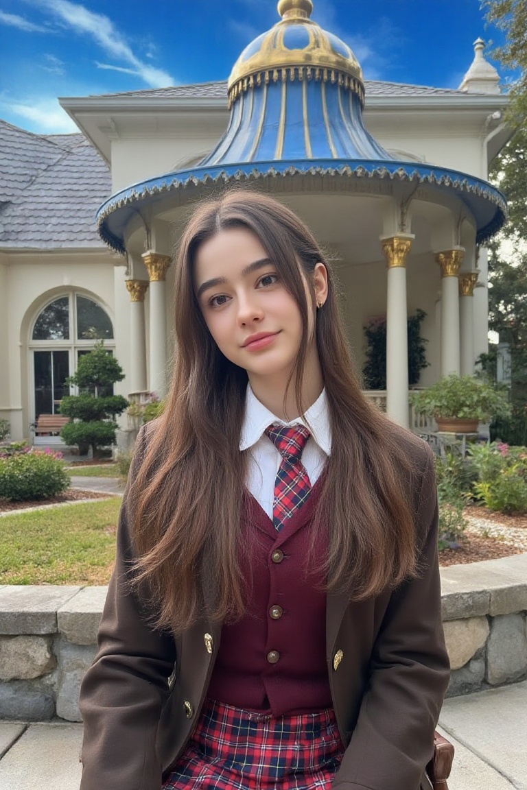 kak_una,  Captured at eye-level,  a young Asian woman sitting in front of a backdrop of a rich house. The rich house is ad...
