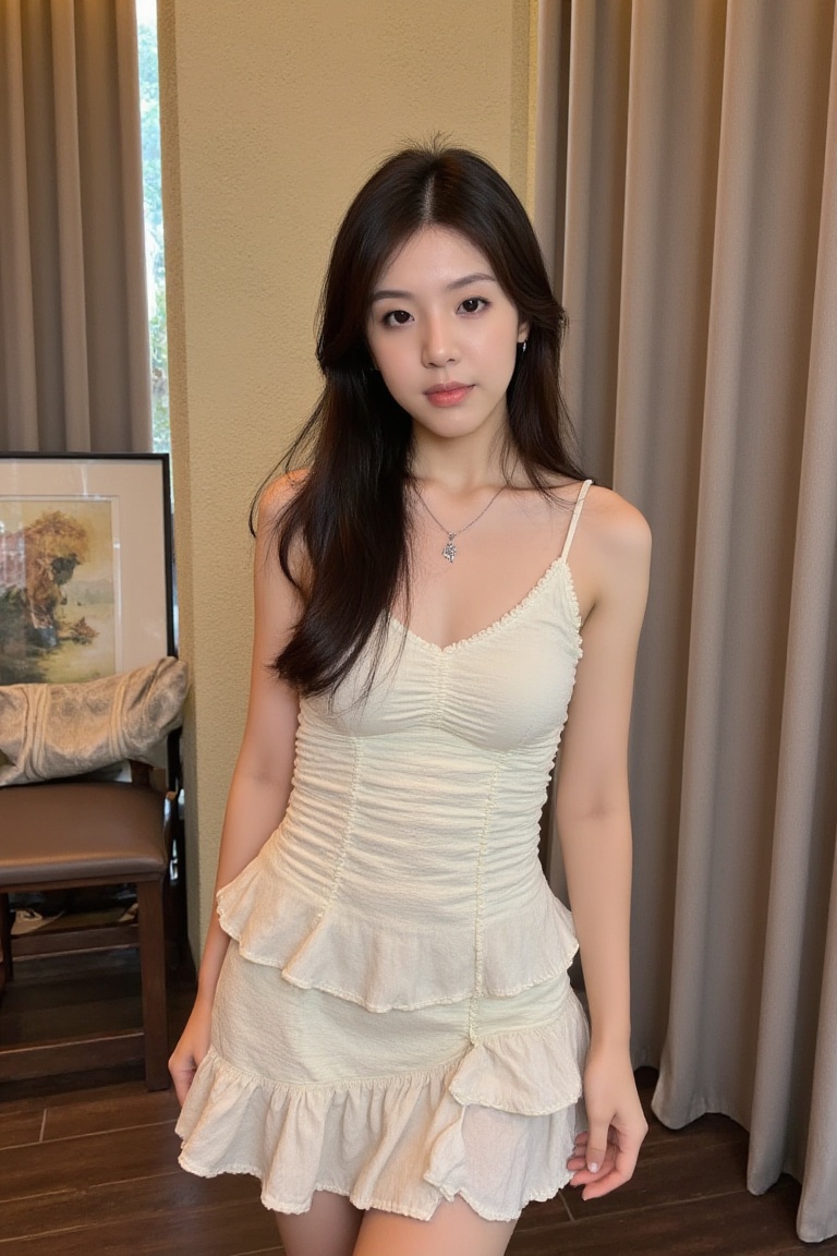 The image shows a young asian woman standing indoors,  dressed in a white,  ruched dress with layered ruffles. Her hair is...
