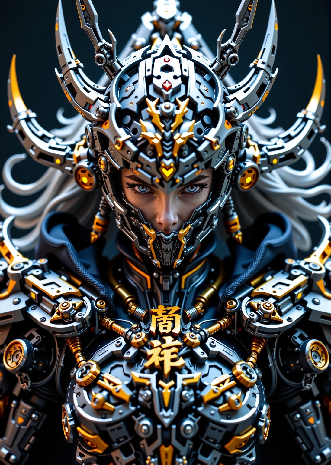 A close-up view of a cybernetic warrior woman,  her intricate mechanical armor in dark grey and black metal with detailed,...