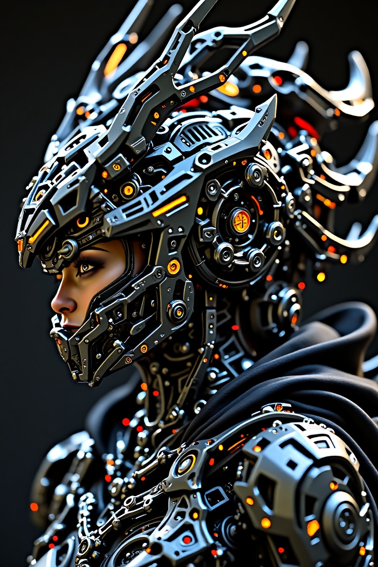 A close-up view of a cybernetic warrior woman,  her intricate mechanical armor in dark grey and black metal with detailed,...