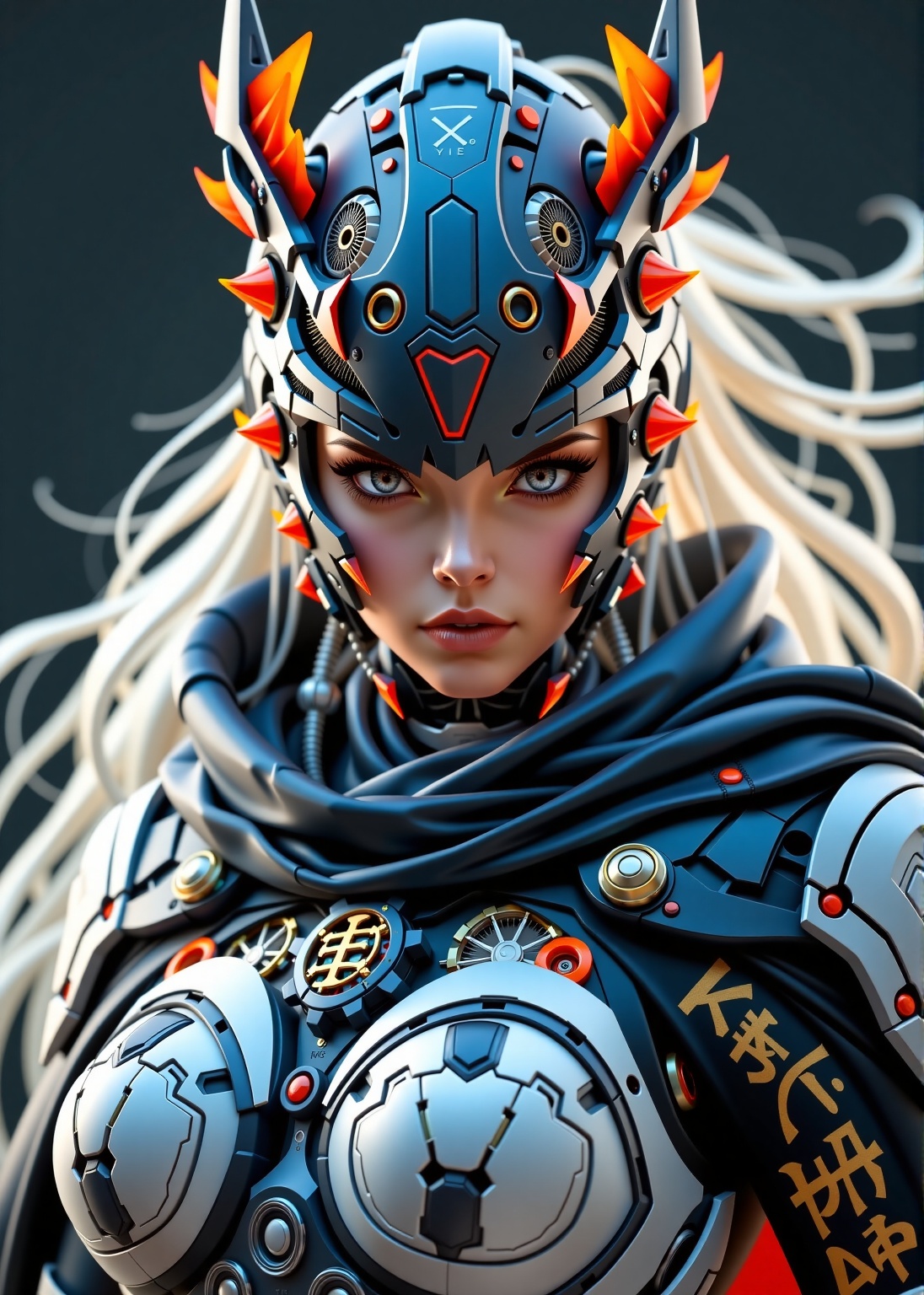 A close-up view of a cybernetic warrior woman,  her intricate mechanical armor in dark grey and black metal with detailed,...