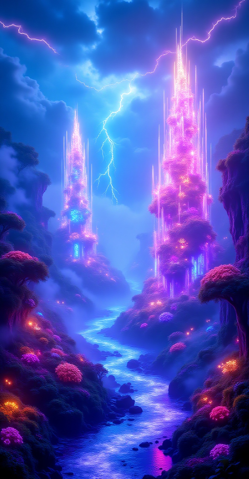 Mystical neon fantasy landscape,  glowing crystalline towers of light in vibrant colors (blue,  purple on Tensor.Art