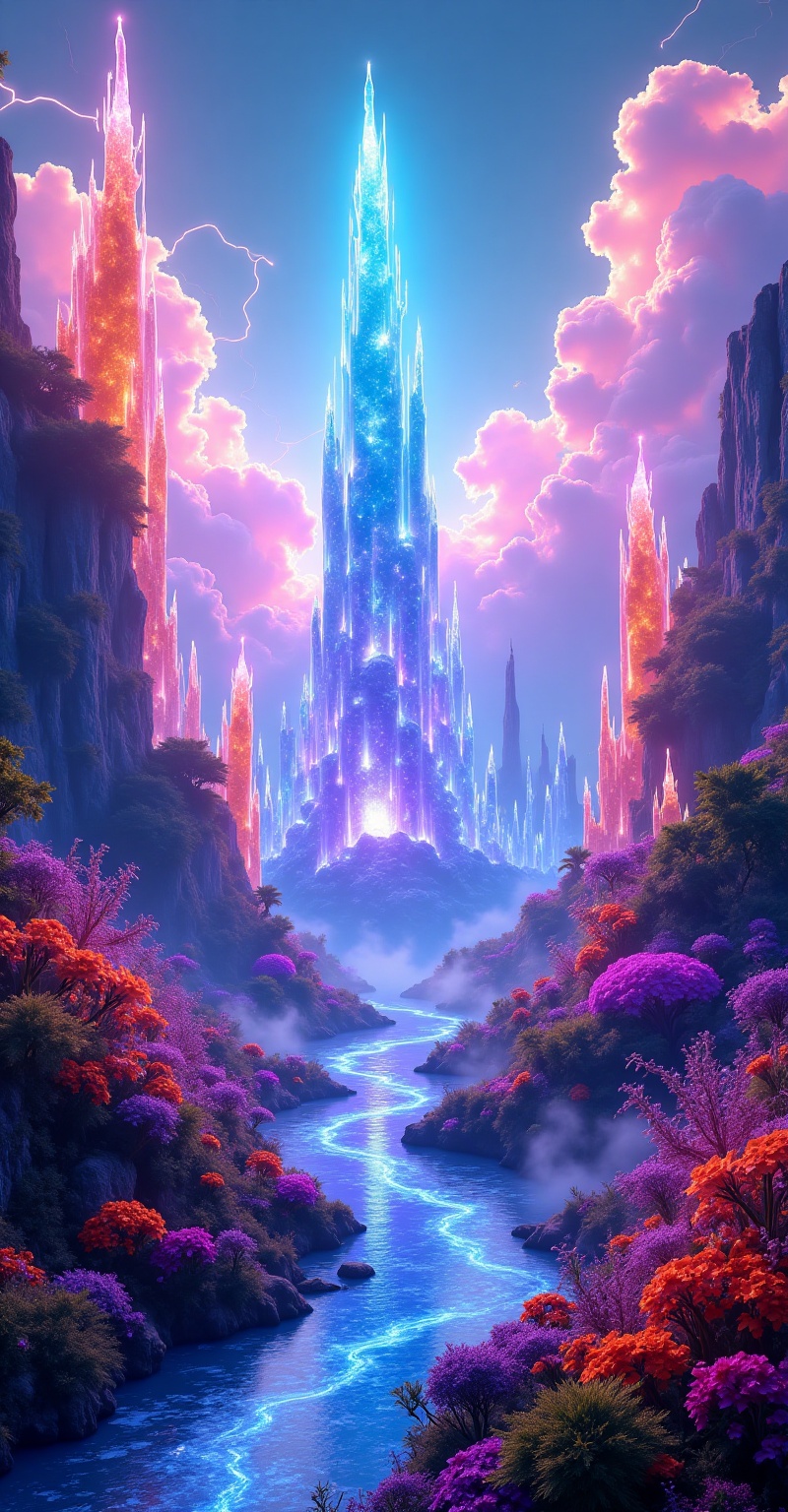 Mystical neon fantasy landscape,  glowing crystalline towers of light in vibrant colors (blue,  purple on Tensor.Art