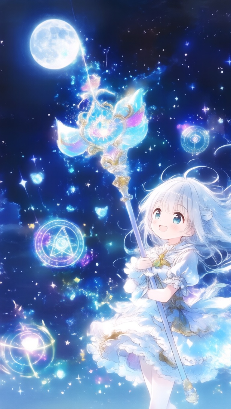 アニメスタイル、白銀の髪をなびかせた魔法少女が、杖を抱えながらにっこり笑う。夜空に浮かぶ満月の光が彼女を優しく照らし、背景には浮遊する魔法陣が光り輝いている。 on Tensor.Art