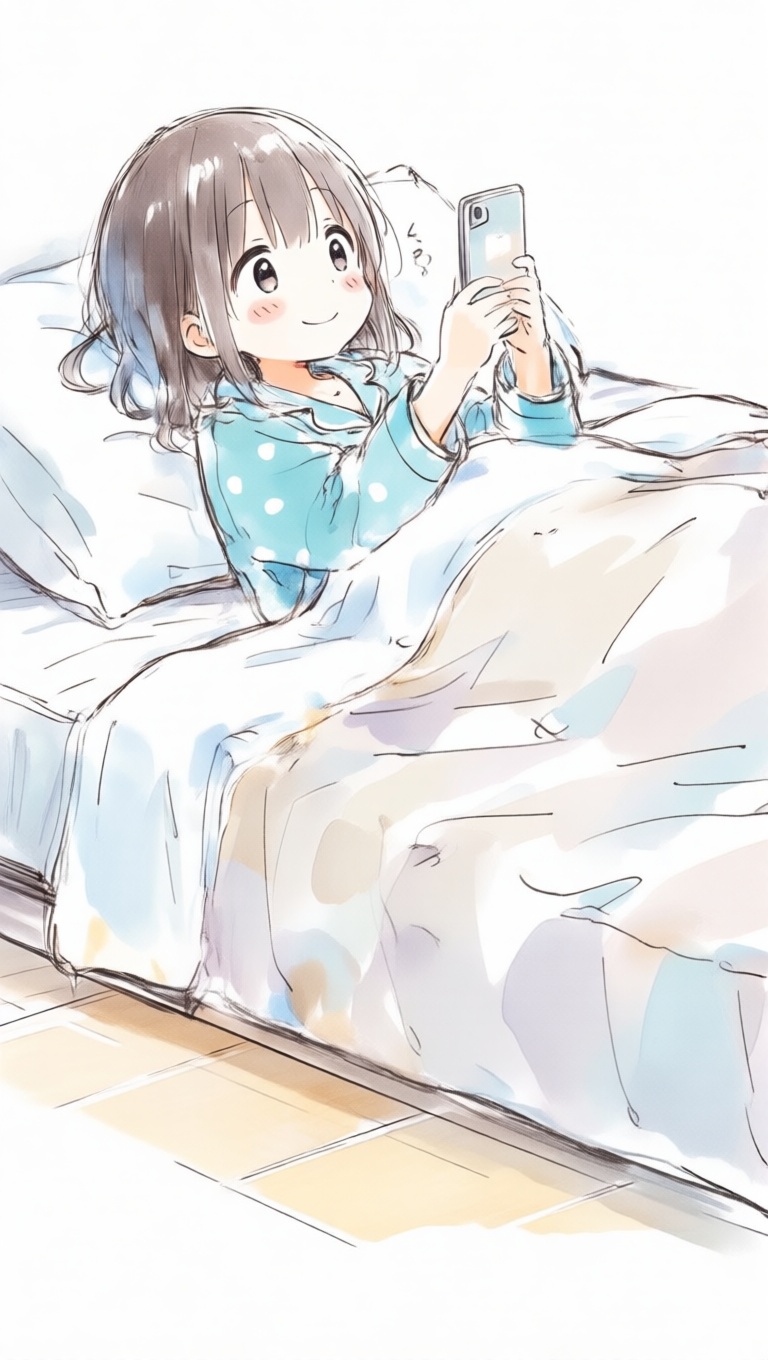 アニメスタイル、ベッドの上でパジャマ姿の女の子がスマホを見ながらくすっと笑っている。カメラは足元側からの低いアングルで、布団の柔らかさと女の子のリラックス感をフラットな描写で表現。身近な可愛さと日常の安心感が溢れるシーン。 on Tensor.Art