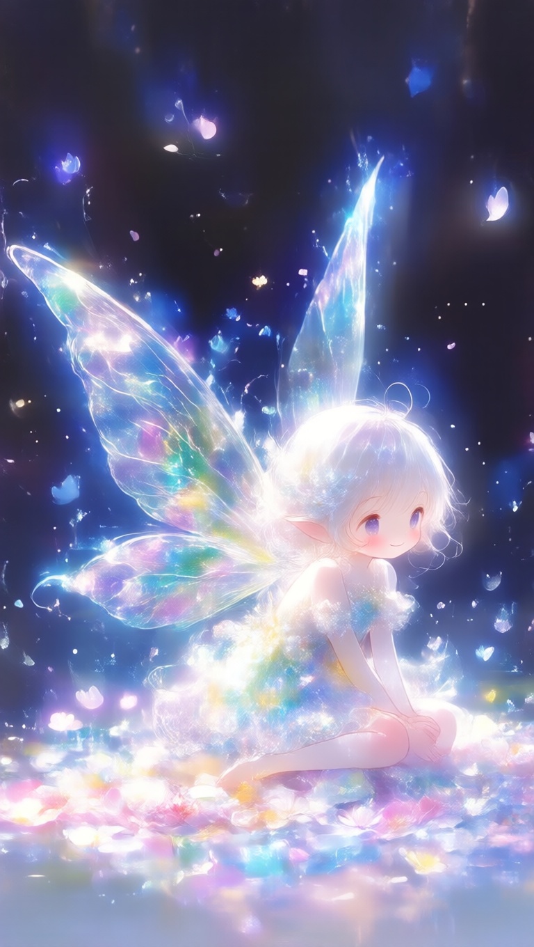 アニメスタイル、小さな妖精の少女が、花びらに座って微笑んでいる。透き通るような羽根が光を反射し、周囲には柔らかな光の粒子が舞っている。 on Tensor.Art