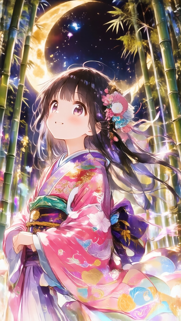 アニメスタイルのかぐや姫が笑顔で竹林に佇む。長い黒髪が風になびき、豪華なピンクと紫の十二単が細かく描き込まれている。カウボーイショットで下から見上げるアングルでは月光が差し込み、幻想的に輝いている。背景には金色の月が浮かび、神秘的な雰囲気を醸し...