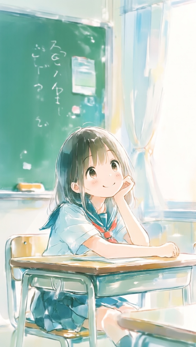フラットスタイル、制服姿の女の子が、放課後の教室で机に肘をついて笑っている。正面から少し見上げるようなアングルで、カーテン越しの光がやわらかく背景を彩る。フラットスタイルで描かれた黒板や机がシンプルで、女の子の可愛さを引き立てる。 on Ten...