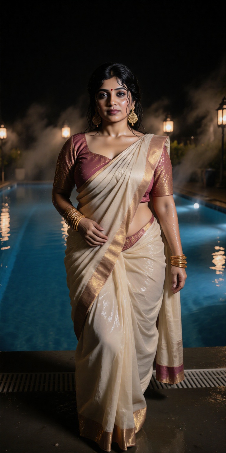 A highly detailed photorealistic portrait of an elegant Indian woman at a night-time poolside,  draped in a wet saree that...