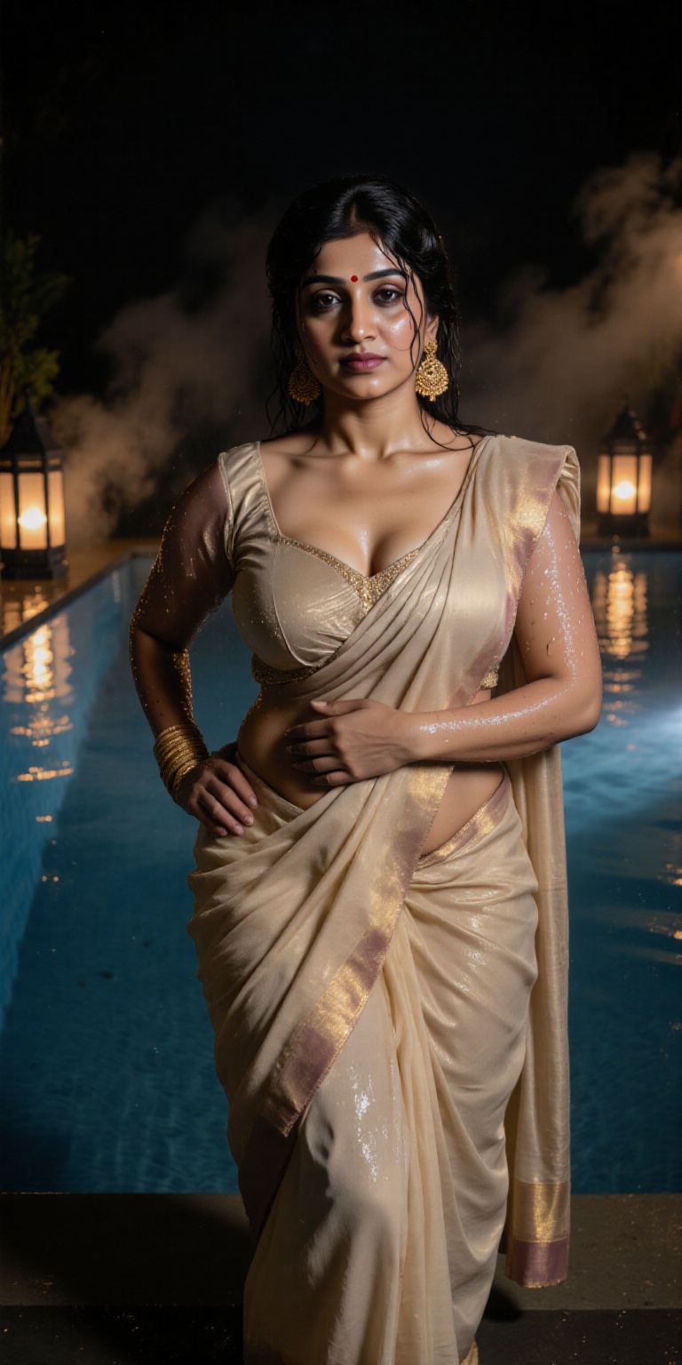 A highly detailed photorealistic portrait of an elegant Indian woman at a night-time poolside,  draped in a wet saree that...