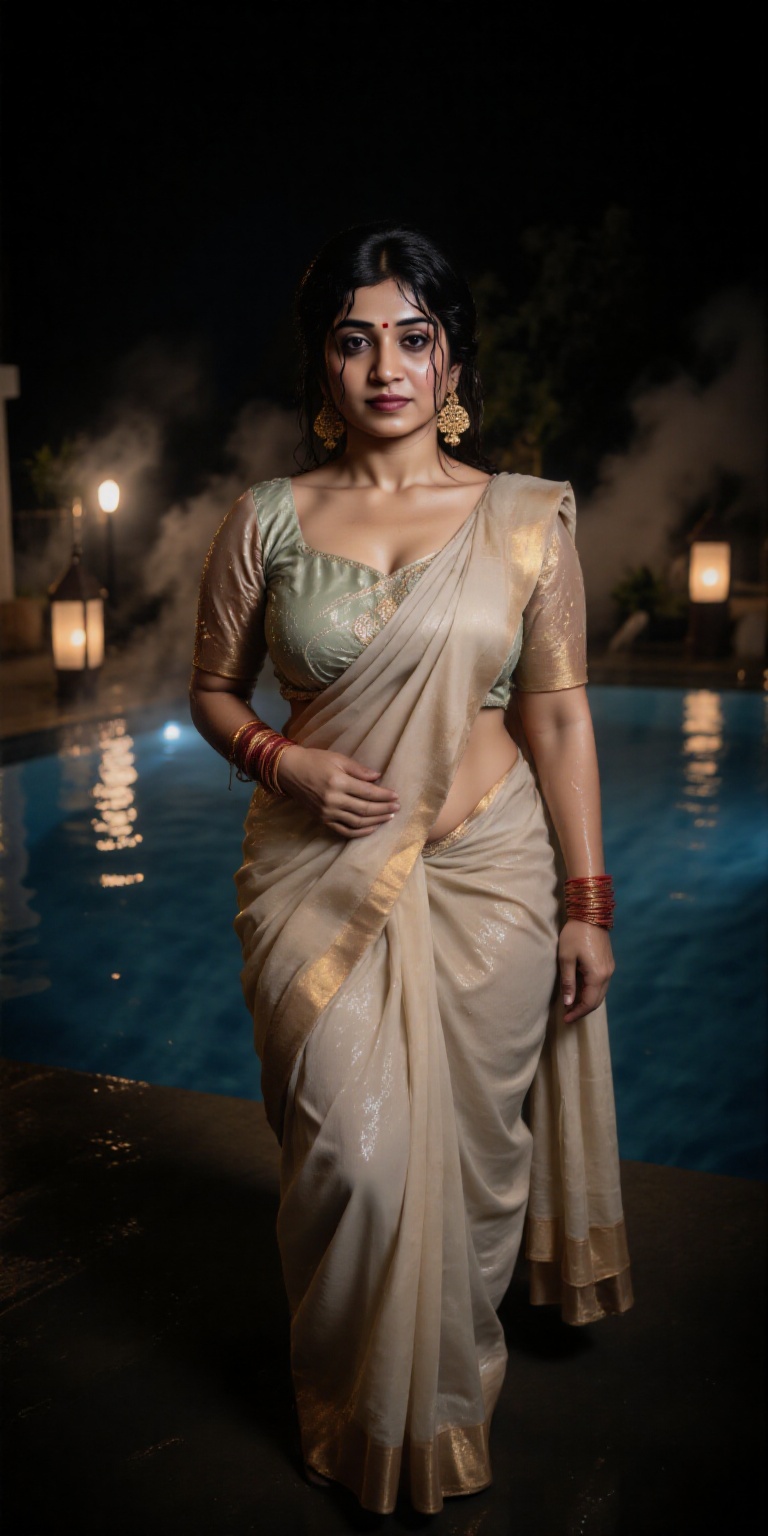 A highly detailed photorealistic portrait of an elegant Indian woman at a night-time poolside,  draped in a wet saree that...