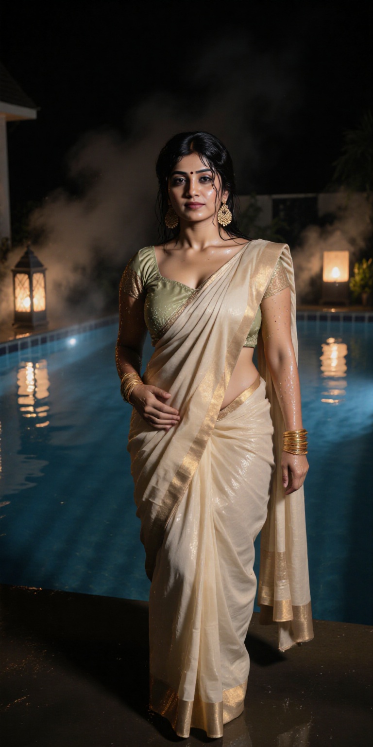 A highly detailed photorealistic portrait of an elegant Indian woman at a night-time poolside,  draped in a wet saree that...
